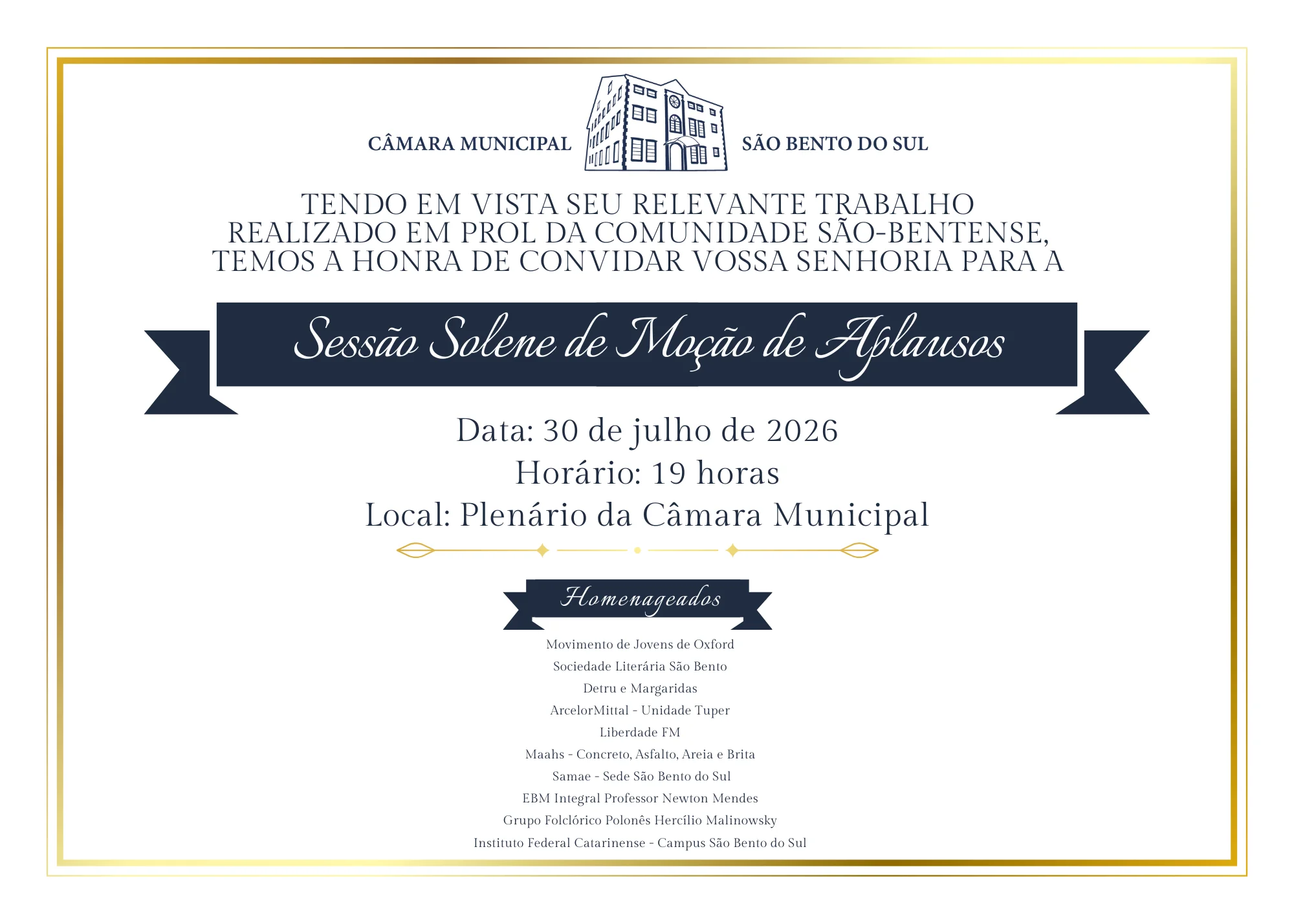 Câmara de São Bento do Sul homenageará 10 entidades com Moção de Aplausos